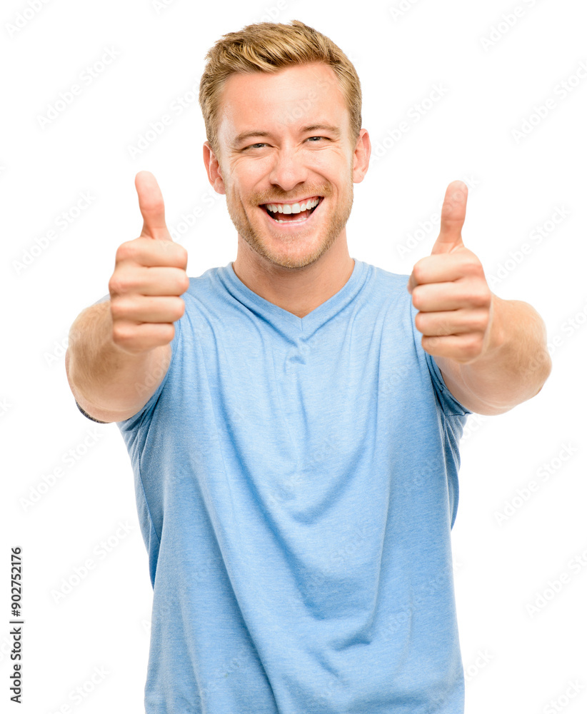 Happy, thumbs up and portrait of man in studio with vote, good review or satisfaction emoji. Smile, sign and confident male person with approval hand gesture for positive feedback by white background