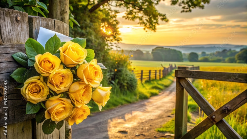 Fototapeta premium Elegant yellow roses and a sophisticated invitation on a weathered wooden gate with a peaceful countryside landscape softly focusing in the background.