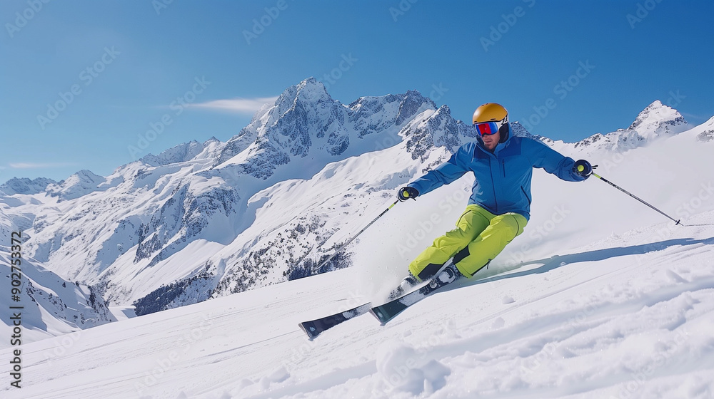 Man skiing in ski field with Mount Man skiing in ski field with Mount