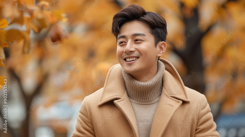 Handsome Young Asian Man Smiling Outdoors in Autumn Wearing a Cozy Beige Coat Handsome Young Asian Man Smiling Outdoors in Autumn Wearing a Cozy Beige Coat