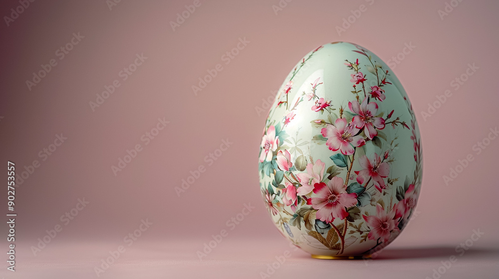 A small, white, flowery egg with pink flowers on it A small, white, flowery egg with pink flowers on it