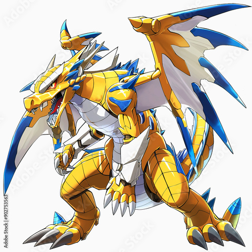 A Yellow and Blue Dragon with Spiked Wings and Claws photo