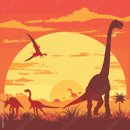 Silhouettes of dinosaurs against an orange sunset.