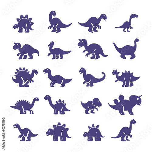 Collection of 20 cartoon dinosaur silhouettes in blue.