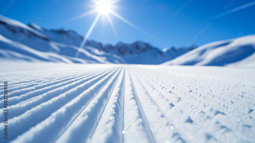 New groomed ski paste or slope. Lines in snow with sunny mountains background. Winter skis concept New groomed ski paste or slope. Lines in snow with sunny mountains background. Winter skis concept