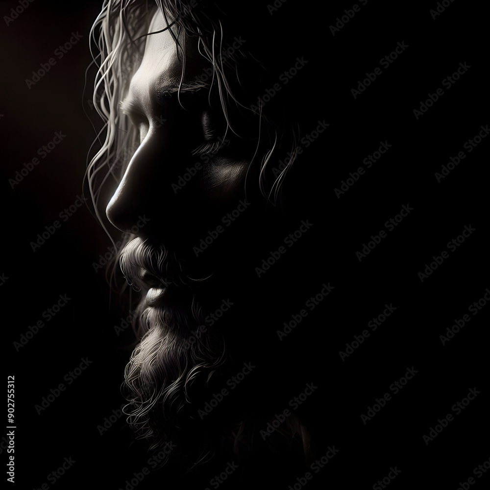 A detailed and realistic image of the face of Jesus, capturing a profound sense of compassion, wisdom, and serenity. The expression on Jesus' face reflects deep empathy and a calm presence, with finel