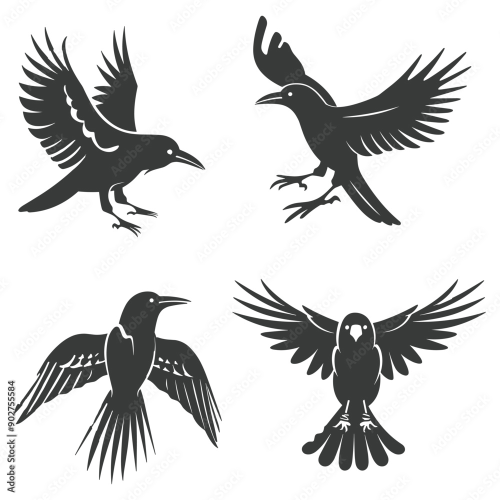 Naklejka premium Set of four black silhouettes of crows in flight.