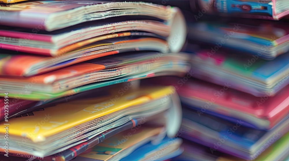 A stack of magazines with different colors and sizes. The magazines are piled on top of each other, creating a colorful and visually interesting scene. The variety of colors A stack of magazines with different colors and sizes. The magazines are piled on top of each other, creating a colorful and visually interesting scene. The variety of colors