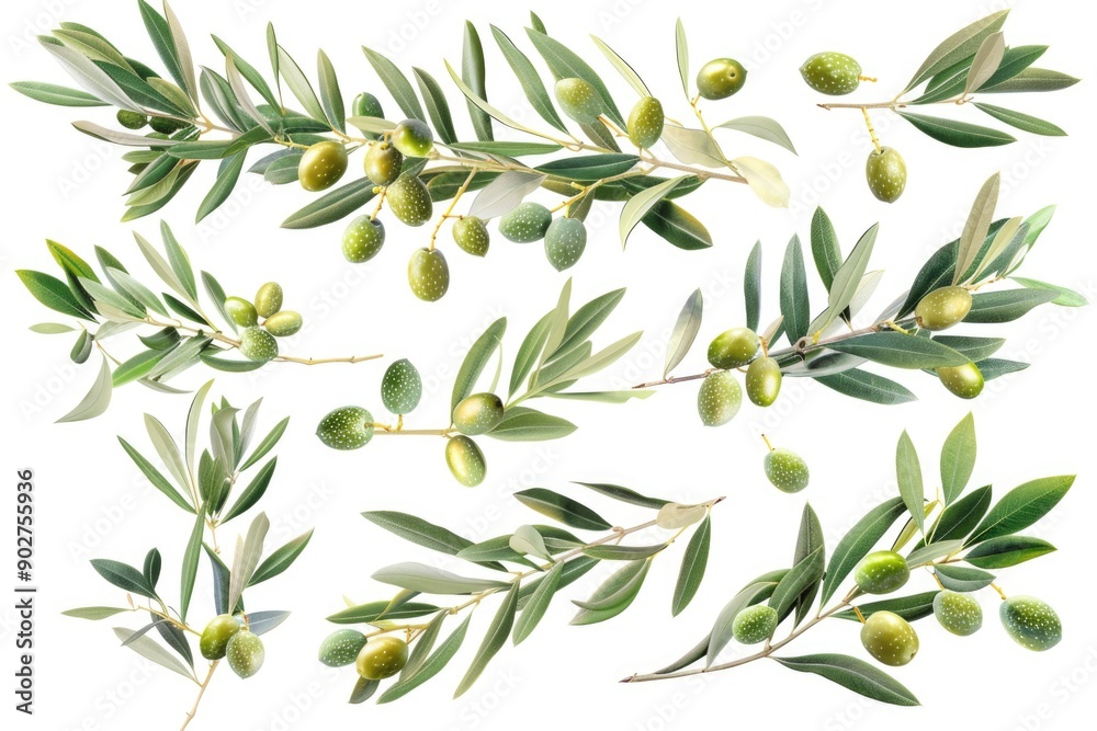 A bunch of green olives hanging from a tree branch, suitable for use in food or kitchen themed contexts A bunch of green olives hanging from a tree branch, suitable for use in food or kitchen themed contexts