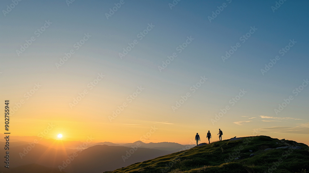 People walking beautiful sunset on mountain People walking beautiful sunset on mountain
