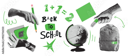A set of cutout trending elements halftone collage on the theme of back to school. Stationery, books,  globe. Halftone hands holding school supplies. Contemporary vector graphics.