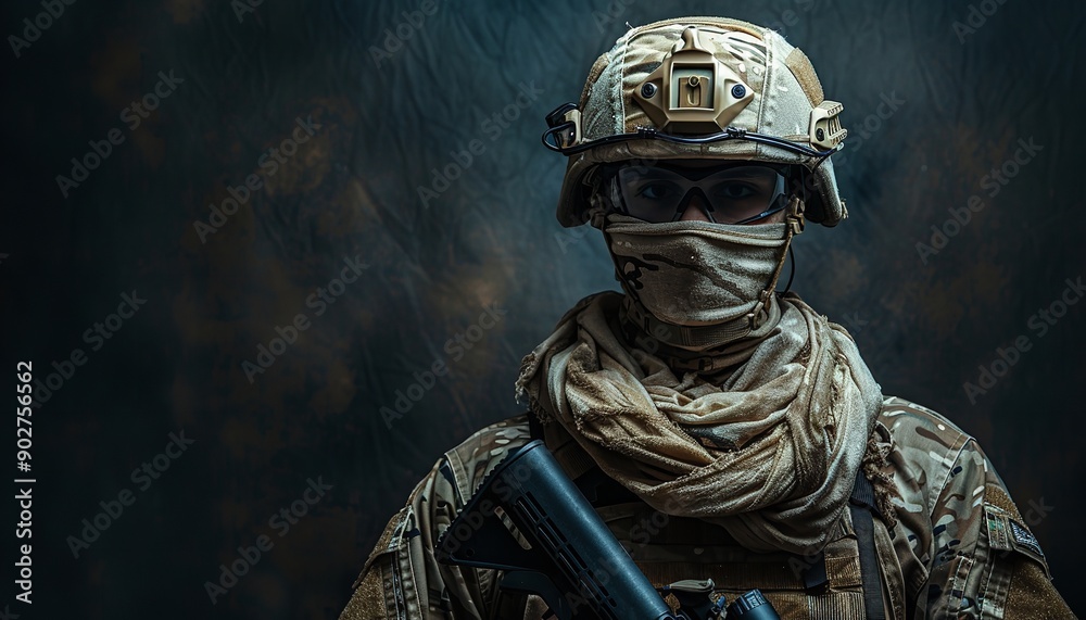 Military person dressed battle uniforms, clutching a rifle, battle helmet and a scarf over his neck appears in a studio setup with a dark backdrop and copy space, Generative AI.