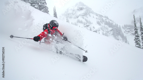 Sandra Hillen Riding Snowboard Through Powder photo