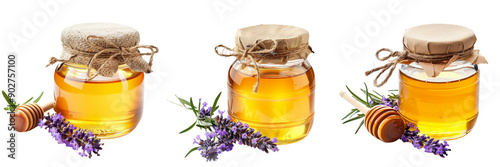 Set of a jar of golden honey with a lavender sprig beside it isolated on transparent background   (2)