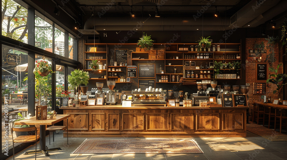 A coffee shop with a wooden counter and a large window A coffee shop with a wooden counter and a large window