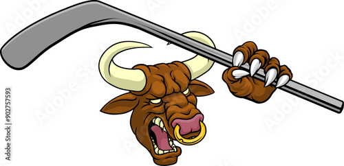 A bull or Minotaur monster longhorn cow angry mean ice hockey mascot cartoon character.