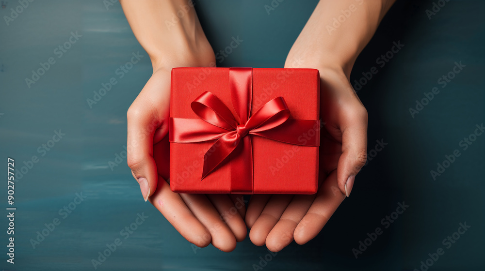 Woman's hands holding a red gift box with a bow isolated on a dark blue background, shown from a top view, copy space concept for Valentine's Day celebration or Christmas present. Woman's hands holding a red gift box with a bow isolated on a dark blue background, shown from a top view, copy space concept for Valentine's Day celebration or Christmas present.
