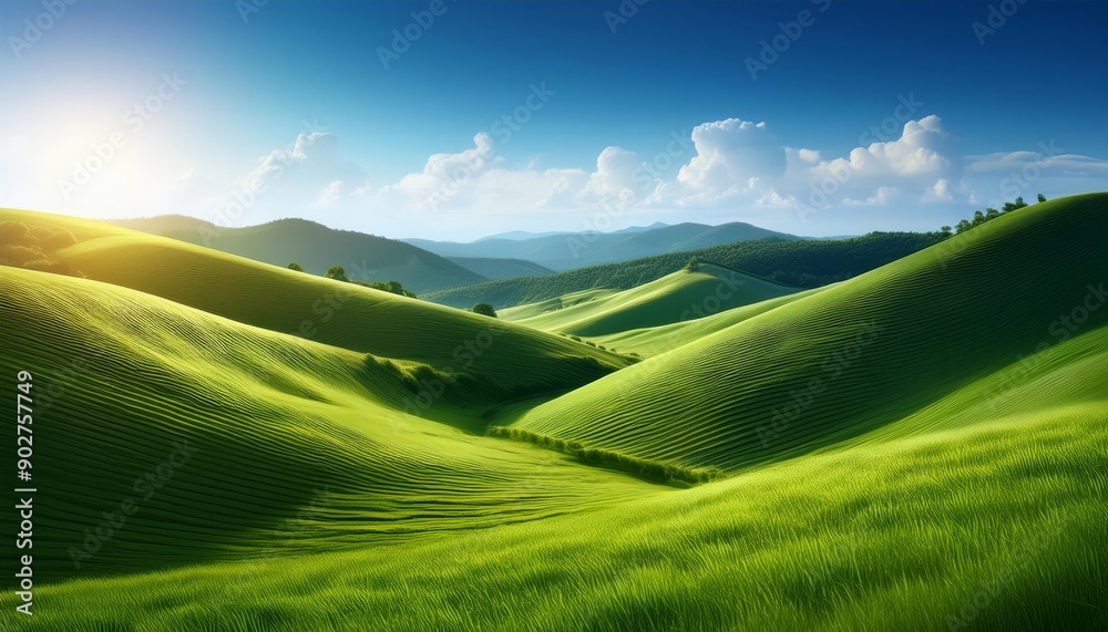 Fototapeta premium A 3D background featuring a serene natural landscape with rolling hills, lush greenery, and a clear blue sky.