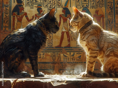 Two Cats Engaged in a Staring Contest Against an Ancient Egyptian Backdrop photo