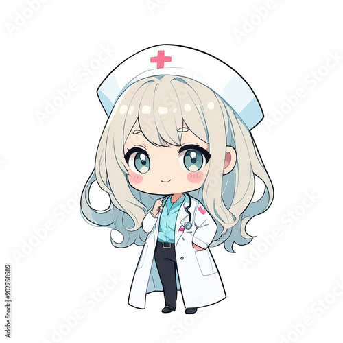 Charming chibi nurse character with a friendly smile, wearing a white coat and cap, ready to help patients in a cheerful manner. photo