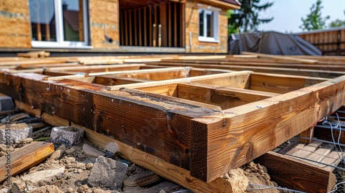 A house is being built with wooden boards. The boards are stacked on top of each other and are not yet finished © At My Hat