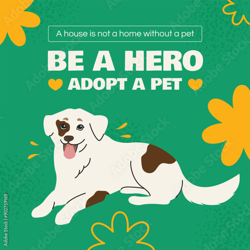 Banner template featuring a happy white dog with brown spots. Be a hero, adopt a pet. Illustration for social media, website, flyer, ads. For shelters, volunteers, veterinary clinics. Colorful.