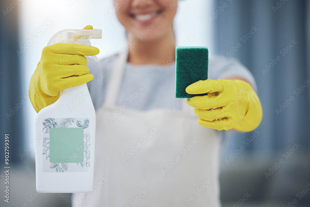 Service, detergent and woman with sponge in living room for cleaning, remove dirt or disinfection. Germs, gloves and maid with apron for housekeeping, bacteria prevention or sanitize in home Service, detergent and woman with sponge in living room for cleaning, remove dirt or disinfection. Germs, gloves and maid with apron for housekeeping, bacteria prevention or sanitize in home