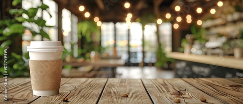 A commercial depicting a solo papers delivery level free cup for coffee, tea or other drinks placed on a wooden table detached from restaurant view, Generative AI.