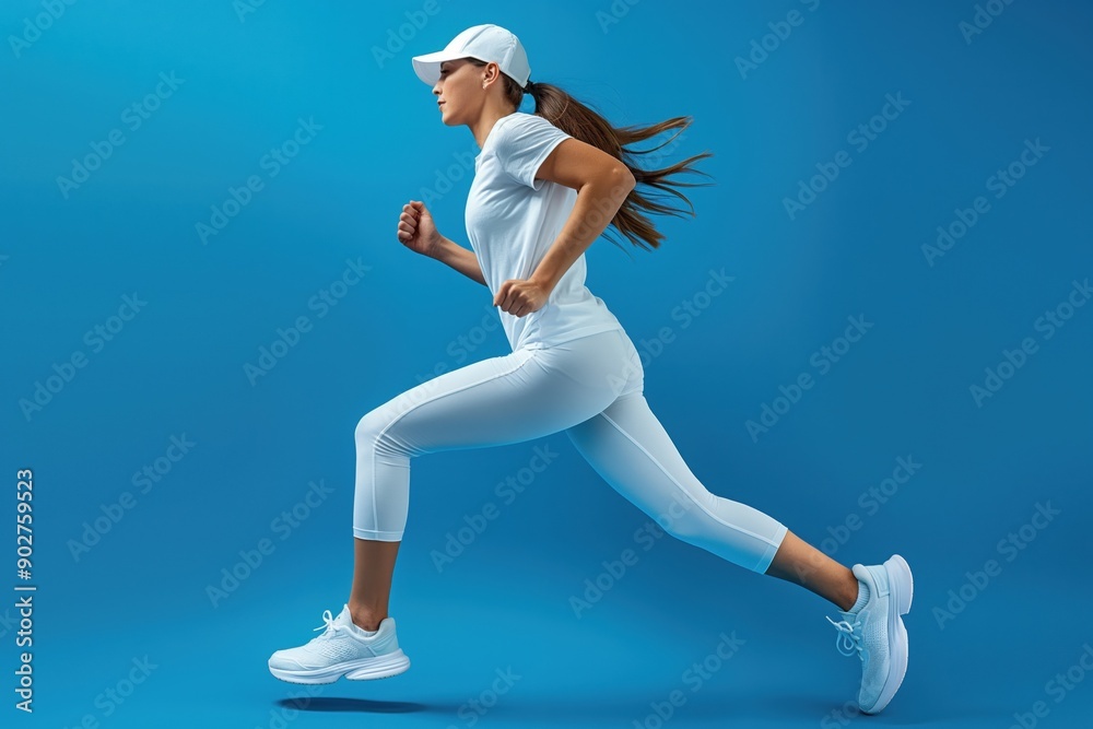 A studio photo of a fit woman running against a colourful background. Running and sports concept. A studio photo of a fit woman running against a colourful background. Running and sports concept.