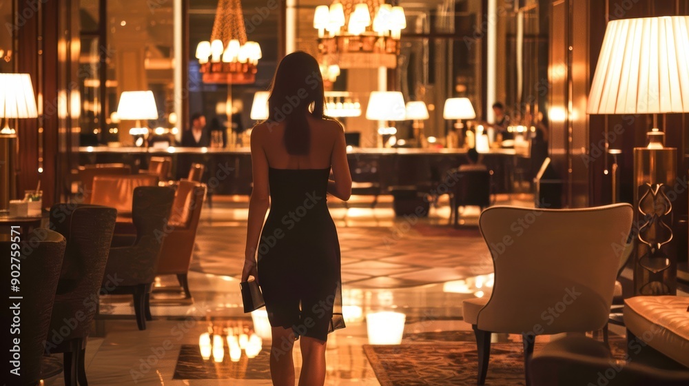Glamorous woman walking in a luxurious hotel lounge during the evening, with dimmed lights and a chic ambiance Glamorous woman walking in a luxurious hotel lounge during the evening, with dimmed lights and a chic ambiance