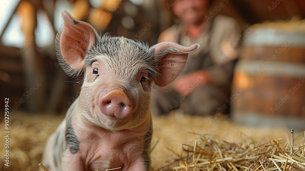 Fototapeta premium A small pig is laying in a hay bed with a man standing behind it