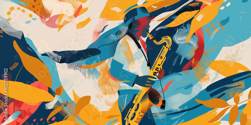 Jazz music art abstract banner background illustration. Jazz saxophonist retro poster and wallpaper texture.