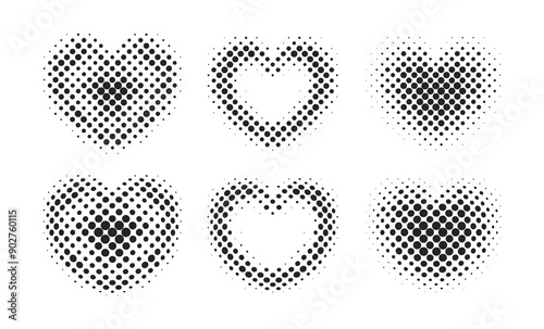 Dotted heart elements set. Halftone pop art style shapes isolated on white background.