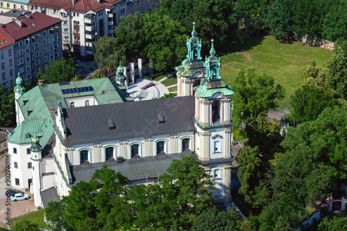 Skalka church and Pauline monastery in Krakow, Poland. Top view from Balon Widokowy viewpoint, observation viewing platform on tethered balloon 