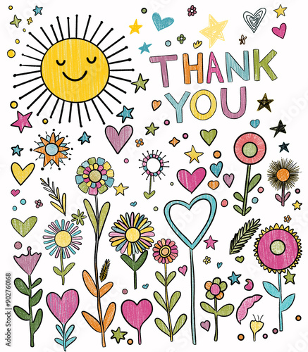 childrens greetings card with flower. Thank you for u. Sun smile with hearts