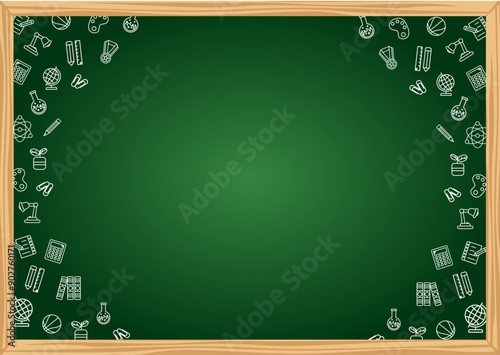 childrens background frame with school supplies on green chalk board