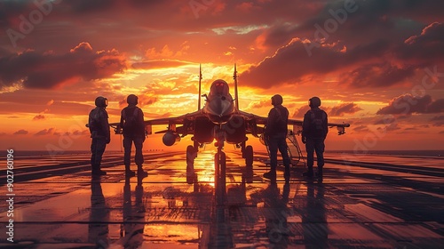 A team of fighter pilots appear on this photograph posing adjacent to a fighter jet on the runway against the backdrop of an illuminated sun and plenty of space for text, Generative AI.