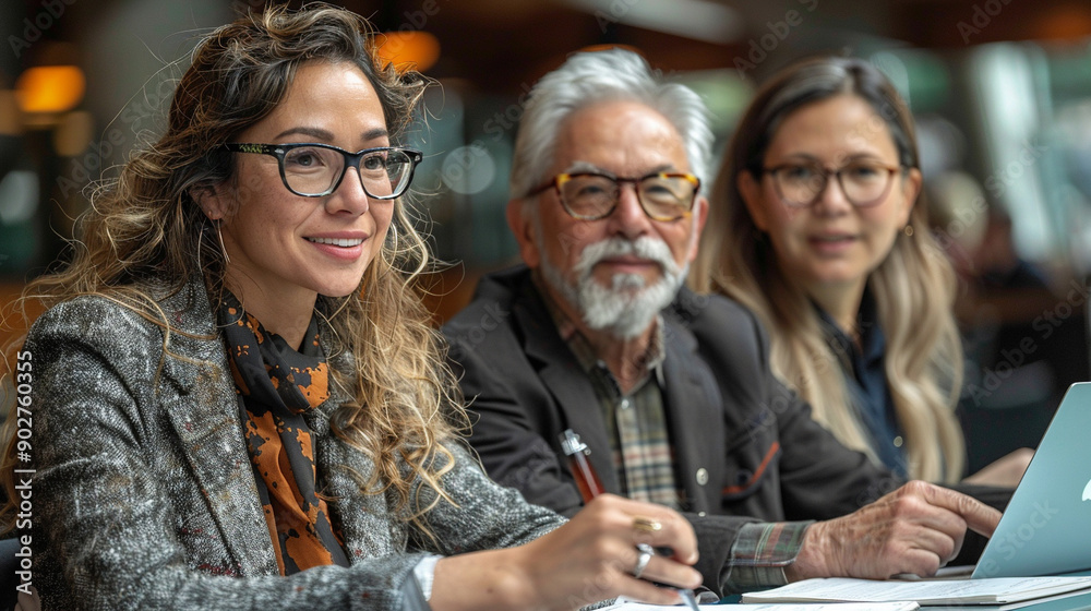 Fototapeta premium Three people are sitting at a table, one of them is writing with a pen