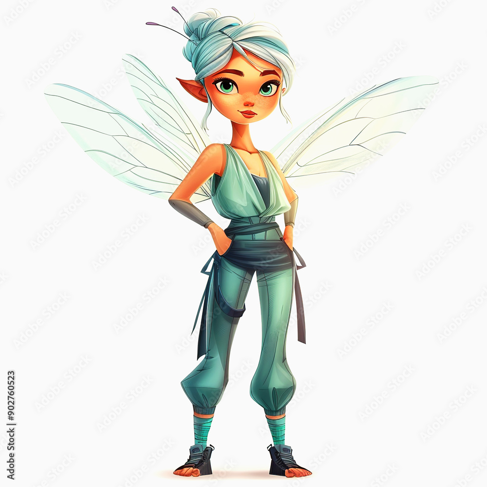 Cartoon Illustration of a Fairy with Green Outfit and White Wings Cartoon Illustration of a Fairy with Green Outfit and White Wings