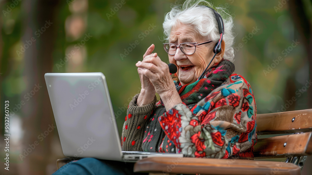 Senior woman using a laptop outdoors with a headset. Photography. Elderly technology use concept Senior woman using a laptop outdoors with a headset. Photography. Elderly technology use concept