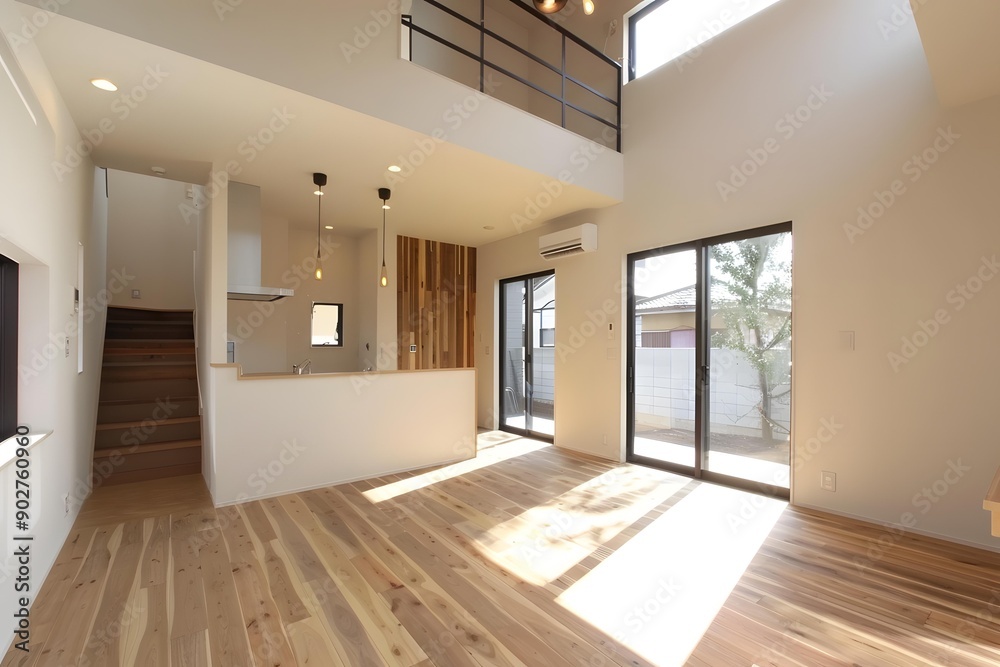 Modern Open Concept Living Room with Wooden Floors and Large Windows Modern Open Concept Living Room with Wooden Floors and Large Windows
