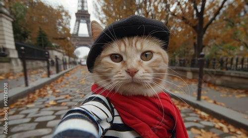 Cute Long-Haired Cat Taking a Selfie in Paris with Eiffel Tower in Background photo