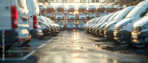 White automobile vans and trucks are arranged right in front of a garage in a parking lot for auction, featuring blank spot allocated for promo content, Generative AI.