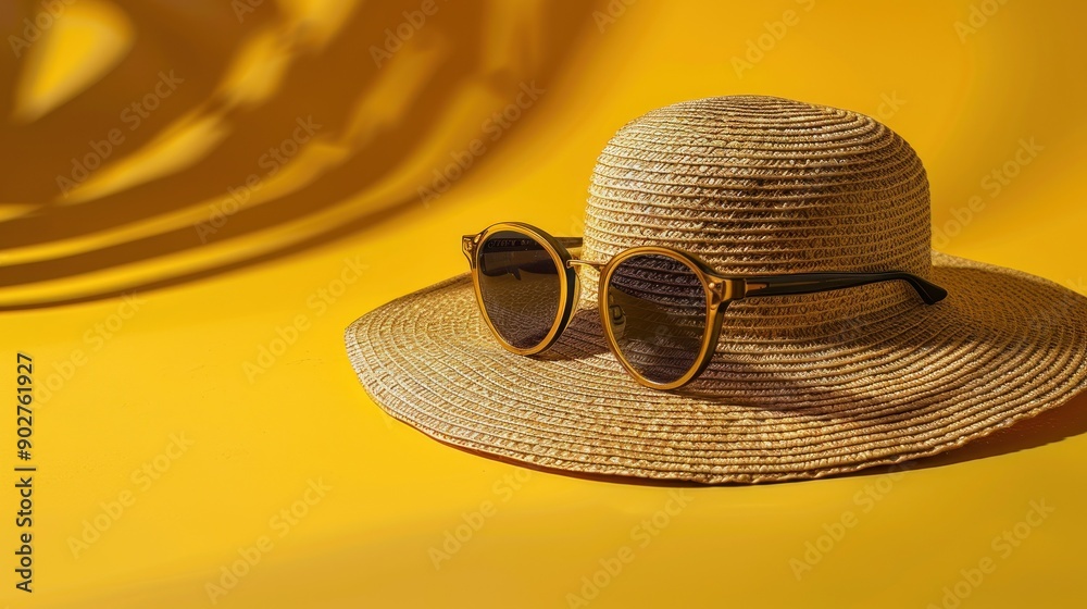 Straw sun hat with sunglasses on bright yellow background Straw sun hat with sunglasses on bright yellow background