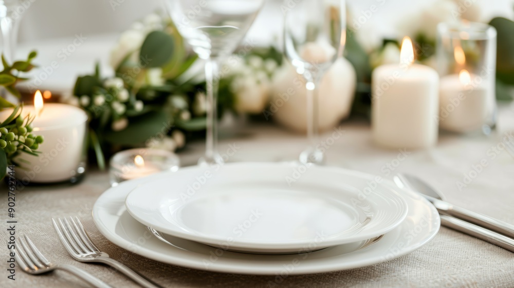 A beautifully arranged dining table with a linen tablecloth, plates, silverware, and a candle centerpiece, with copy space, high-resolution photo, realistic photo A beautifully arranged dining table with a linen tablecloth, plates, silverware, and a candle centerpiece, with copy space, high-resolution photo, realistic photo