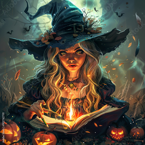 A Witch Casting a Spell with a Candle and an Open Book Surrounded by Jack-o'-Lanterns photo