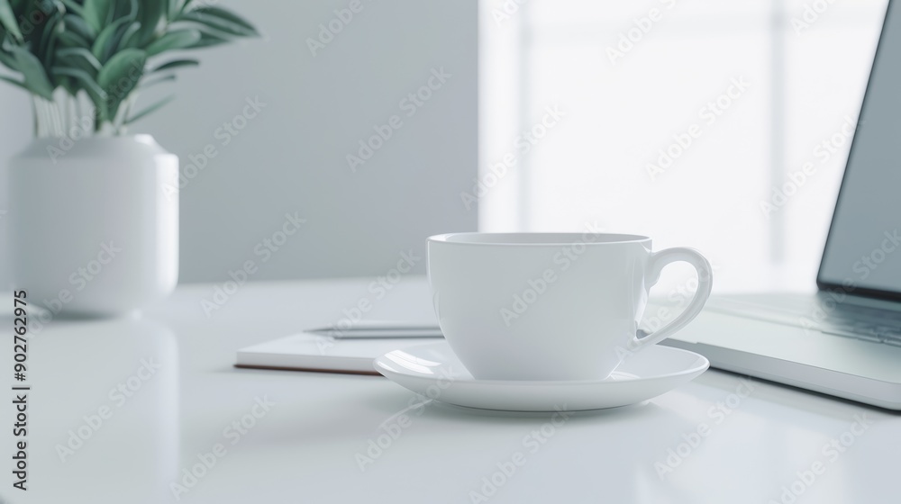 A close-up of a desk with a laptop, a cup of coffee, and a notepad with a pen, with copy space, high-resolution photo, realistic photo A close-up of a desk with a laptop, a cup of coffee, and a notepad with a pen, with copy space, high-resolution photo, realistic photo