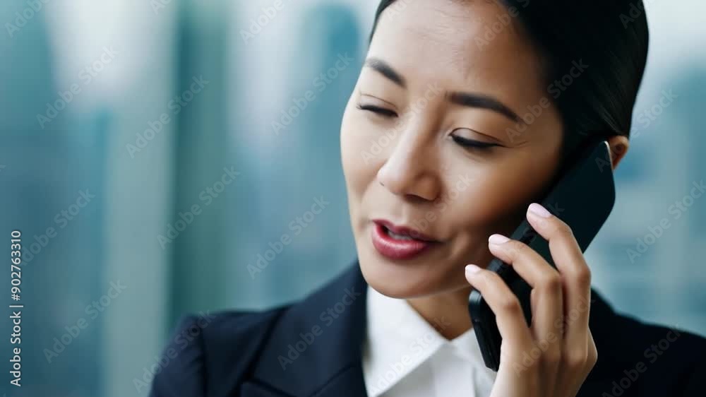 This businesswoman speaks on the phone in a bright office setting. This businesswoman speaks on the phone in a bright office setting.