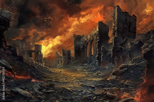 Desolate ruins of a oncegreat city now consumed by an apocalyptic fire photo