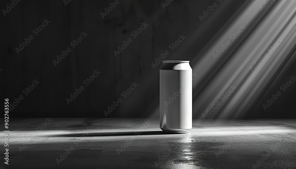 Steel drink can with a vacant level appeared in a darkened room featuring a focused light shining on it flanked by blank space and a dark backdrop, Generative AI. Steel drink can with a vacant level appeared in a darkened room featuring a focused light shining on it flanked by blank space and a dark backdrop, Generative AI.